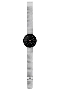 Arne Jacobsen - Bankers Watch - Ø34 - Schwarzes Zifferblatt, Stahlnetzarmband
