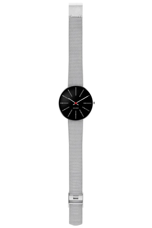 Arne Jacobsen - Bankers Watch - Ø34 - Schwarzes Zifferblatt, Stahlnetzarmband