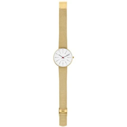 Arne Jacobsen - Bankers Watch mit weißem Zifferblatt und goldenem Netzarmband. Ø34