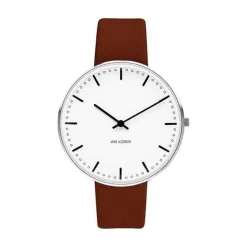 Arne Jacobsen - Rathausuhr - Ø40 - Weißes Zifferblatt, braunes Armband