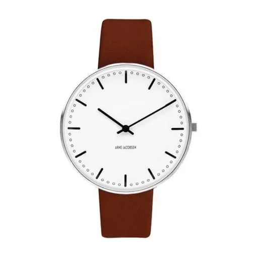 Arne Jacobsen - Rathausuhr - Ø40 - Weißes Zifferblatt, braunes Armband