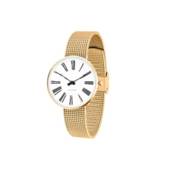 Arne Jacobsen - Römische Uhr - Ø34 - Weißes Zifferblatt, goldenes Netzarmband, IPG-Gehäuse