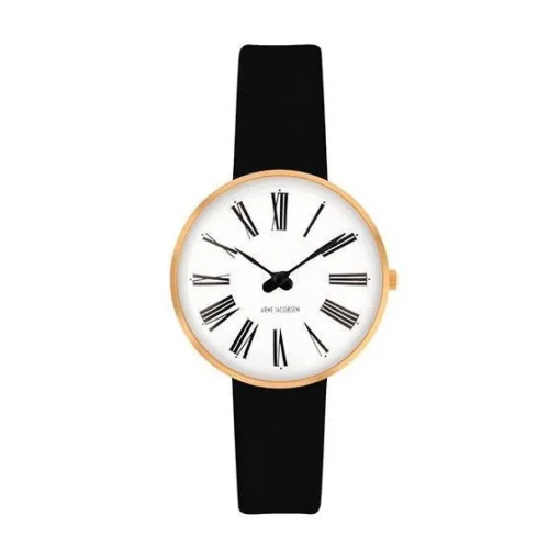 Arne Jacobsen - Roman Watch - Ø30 - Weißes Zifferblatt, schwarzes Armband, gebürstetes IP-Goldgehäuse