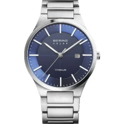 Bering - Herren-Solaruhr in gebürstetem Silber mit blauem Zifferblatt