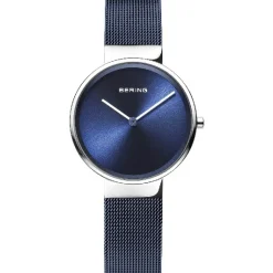 Bering - Klassische Damenuhr in poliertem Silber und blauem Netzarmband