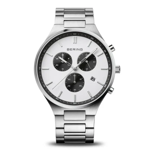 Bering - Titan Chrono Herrenuhr aus gebürstetem Stahl mit weißem Zifferblatt