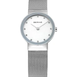 Bering Klassische Damenuhr in poliertem Silber und weißem Zifferblatt 26 mm