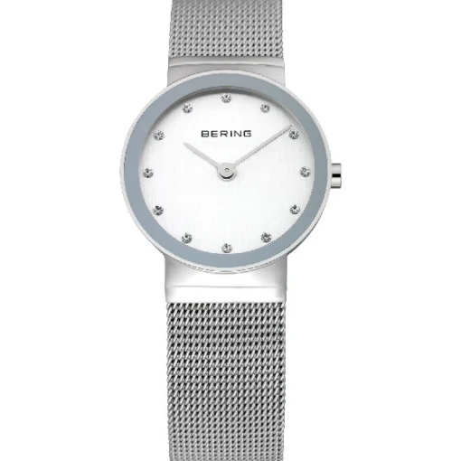 Bering Klassische Damenuhr in poliertem Silber und weißem Zifferblatt 26 mm