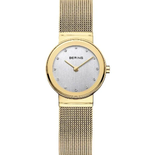 Bering Klassische Damenuhr in poliertem Gold mit goldenem Netzarmband