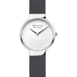 Bering Max René Damenuhr in poliertem Silber mit grauem Silikonarmband