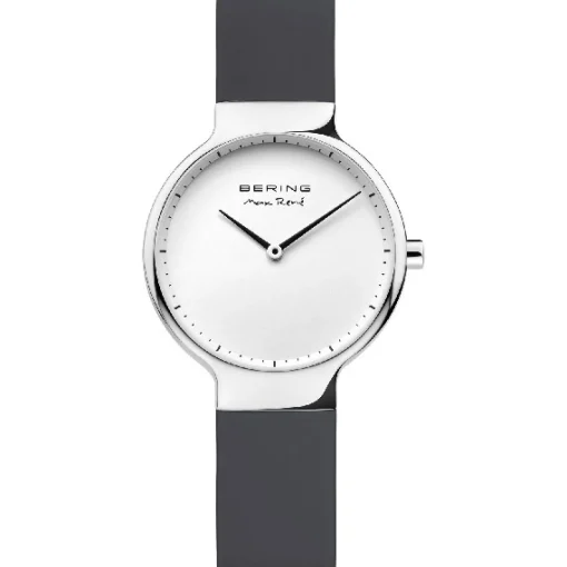 Bering Max René Damenuhr in poliertem Silber mit grauem Silikonarmband