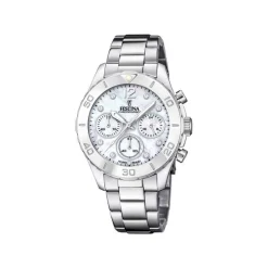 Festina - Chrono Damenuhr aus Stahl mit weißem Zifferblatt und Zirkonia