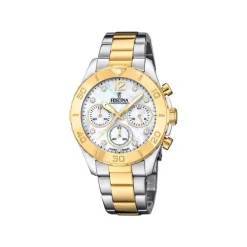 Festina - Chrono Damenuhr aus vergoldetem Stahl mit weißem Zifferblatt und Zirkonia