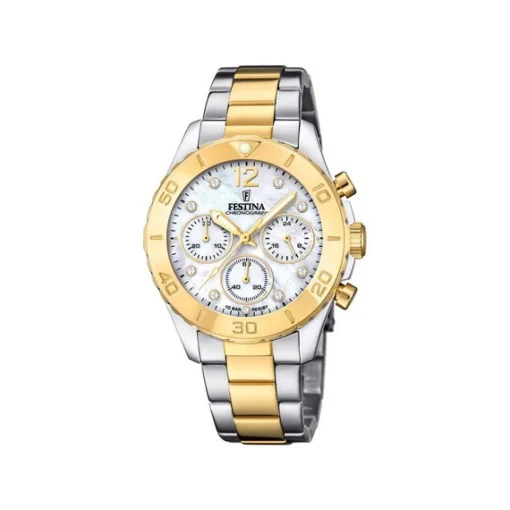 Festina - Chrono Damenuhr aus vergoldetem Stahl mit weißem Zifferblatt und Zirkonia