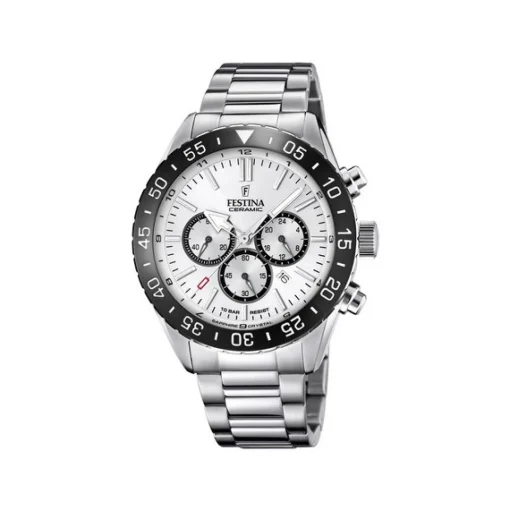 Festina - Herrenuhr Chrono Ceramic in Stahl mit weißem Zifferblatt