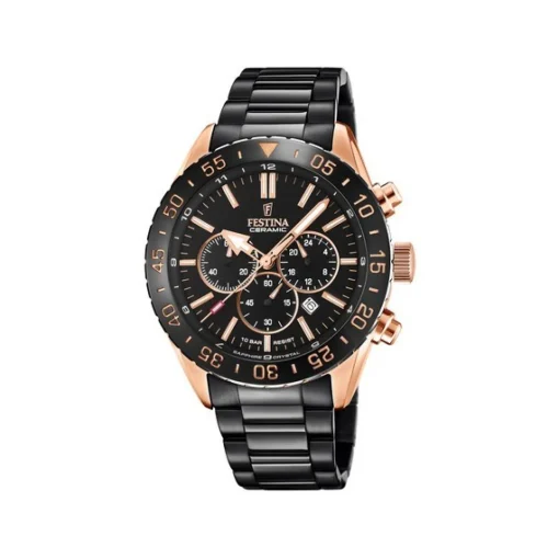 Festina - Herrenuhr Chrono Ceramic in Stahl schwarz/roségold mit schwarzem Zifferblatt
