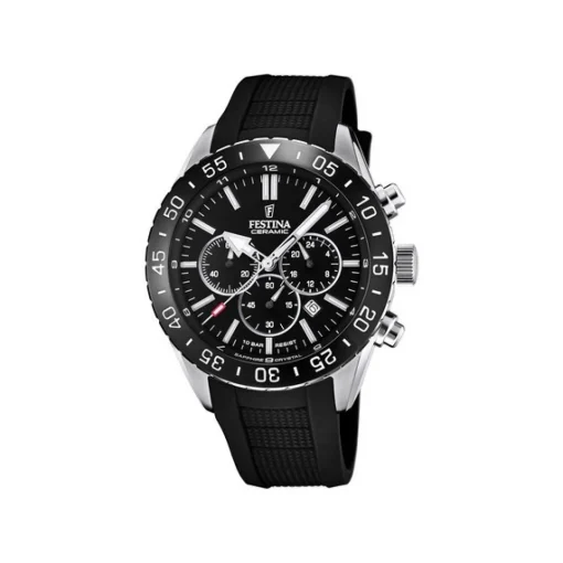 Festina - Keramik Herrenuhr aus Silber mit schwarzem Kautschukband