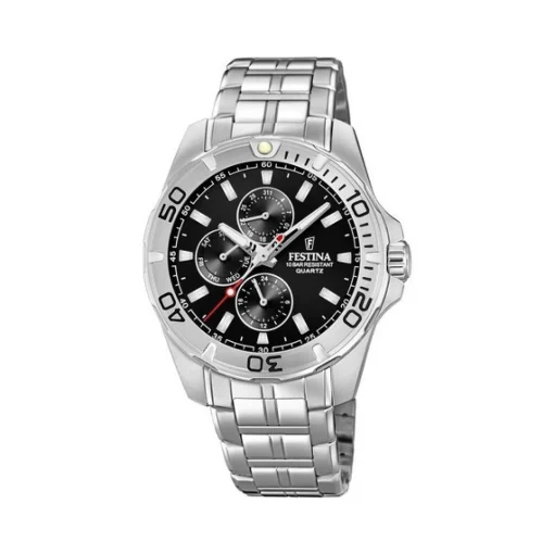 Festina - Multifunktions-Herrenuhr aus Silber mit schwarzem Zifferblatt