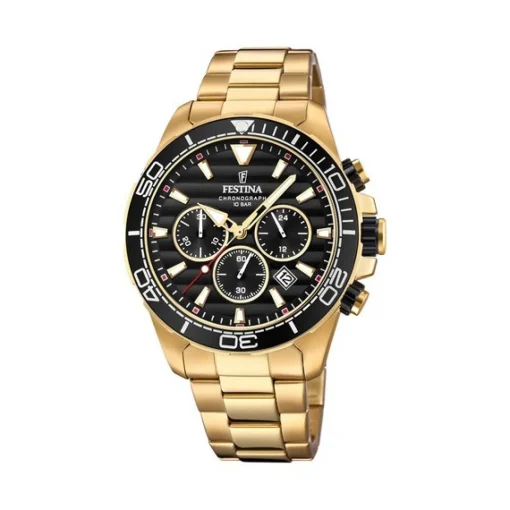 Festina - Prestige Herrenuhr in Gold doppelt mit schwarzem Zifferblatt und Stoppuhr