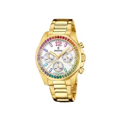 Festina - Regenbogen Damenuhr in Gold mit weißem Zifferblatt und farbigen Steinen**