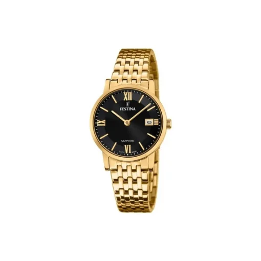 Festina - SWISS MADE Damenuhr in Gold doppelt mit schwarzem Zifferblatt