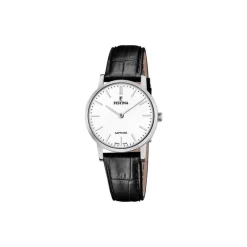Festina - SWISS MADE Damenuhr aus Stahl mit schwarzem geprägtem Lederband