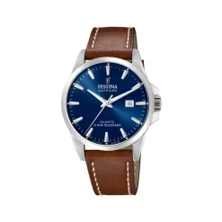 Festina - SWISS MADE Herrenuhr aus Stahl mit braunem Lederband