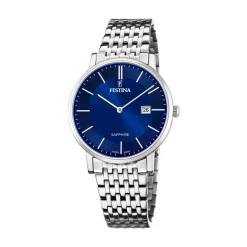 Festina - SWISS MADE Herrenuhr aus Stahl mit Armband und blauem Zifferblatt