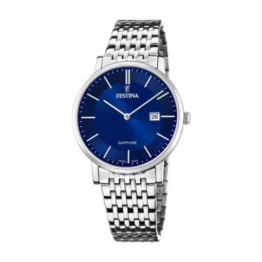 Festina - SWISS MADE Herrenuhr aus Stahl mit Armband und blauem Zifferblatt