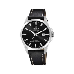 Festina - SWISS MADE Herrenuhr aus Stahl mit schwarzem Lederband und Zifferblatt