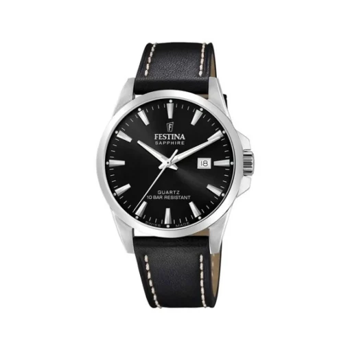 Festina - SWISS MADE Herrenuhr aus Stahl mit schwarzem Lederband und Zifferblatt