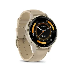 Garmin - Venu 3S Soft Gold-Uhrenlünette in Stahl mit französischem grauem Lederarmband
