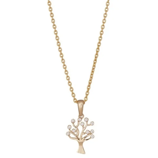 Lebensbaum aus 8 Karat Gold mit Zirkonia mit vergoldeter Kette