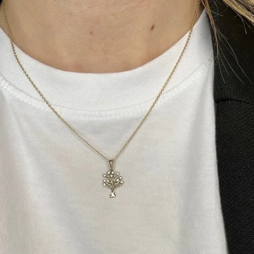 Lebensbaum aus 8 Karat Gold mit Zirkonia mit vergoldeter Kette