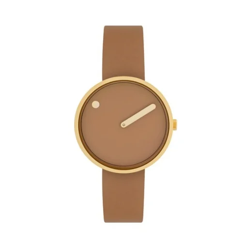 Picto - Braunes Zifferblatt mit Cappuccino-Lederarmband und vergoldetem 34 mm