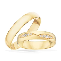 Trauringe aus 8-14 kt. Gold mit einem Brillantbesatz von insgesamt 0,10 kt.
